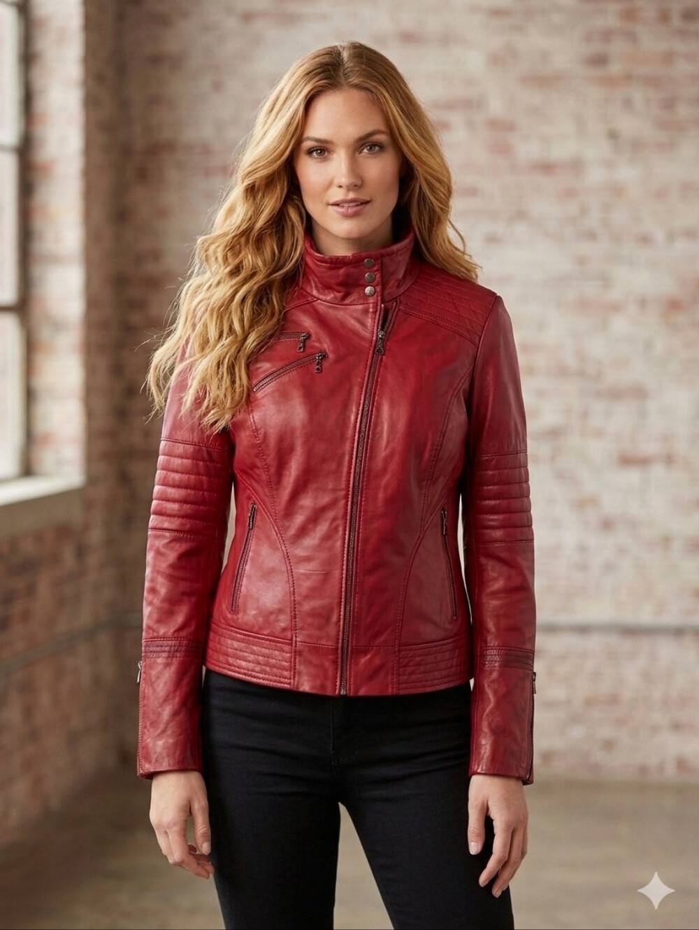 Red leather jacket.